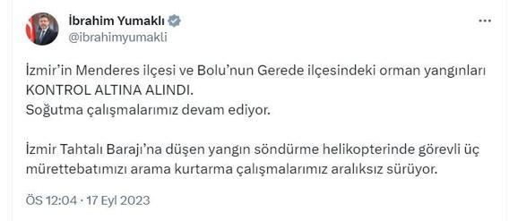 İzmirdeki orman yangını 20 saatte kontrol altına alındı; baraja düşen helikopterdeki 3 mürettebat aranıyor