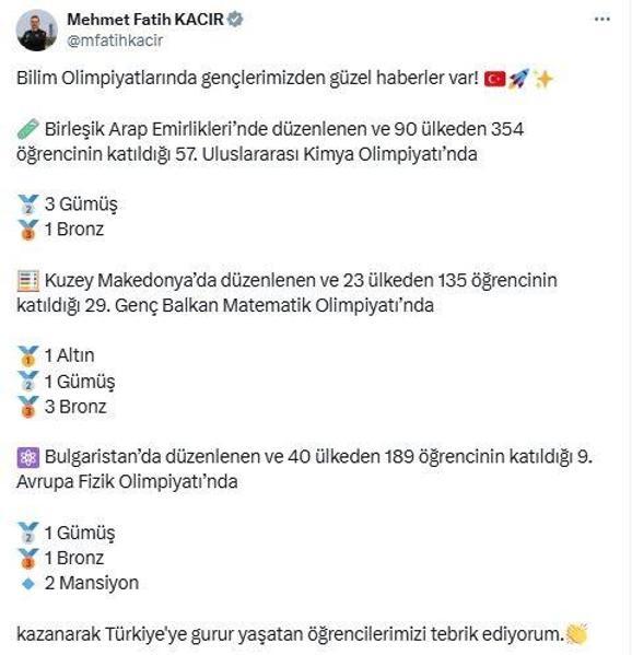 Bakan Kacır, uluslararası olimpiyatlarda madalya alan öğrencileri tebrik etti