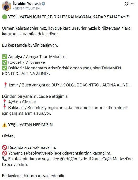 Bakan Yumaklı: Çine ve Susurluk yangınlarını tamamen kontrol altına almak için çalışmalarım sürüyor