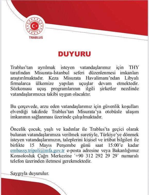 Türkiyenin Trablus Büyükelçiliğinden Türk vatandaşları için duyuru