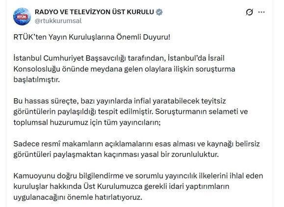 RTÜKten İsrail Konsolosluğu önündeki olaylara ilişkin açıklama