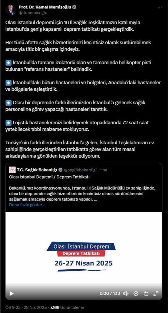 Bakan Memişoğlundan, deprem tatbikatı paylaşımı