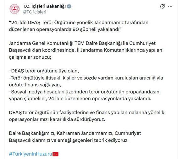 24 ilde DEAŞ terör örgütüne yönelik operasyon: 90 gözaltı