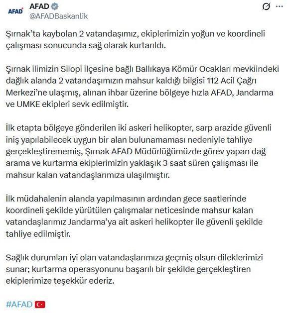 AFAD: Şırnakta kaybolan 2 kişi kurtarıldı