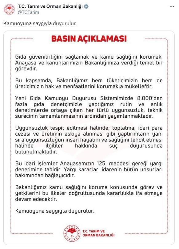 Bakanlıktan gıda denetimi açıklaması