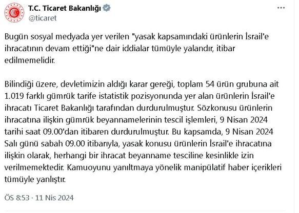 Ticaret Bakanlığı’ndan İsrail’e ihracat iddialarına yalanlama