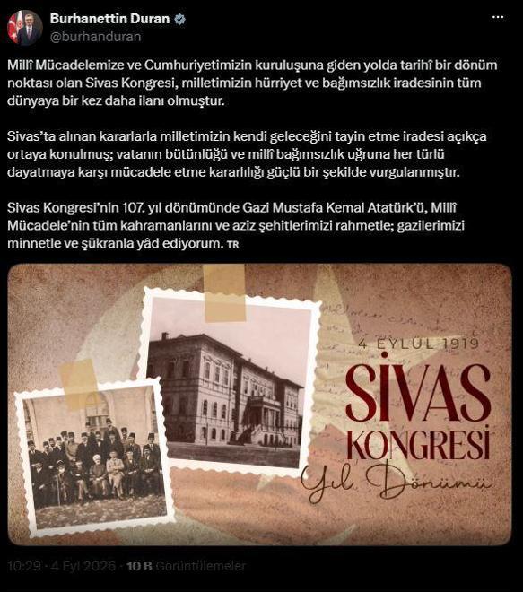 İletişim Başkanı Durandan Sivas Kongresinin yıl dönümü paylaşımı