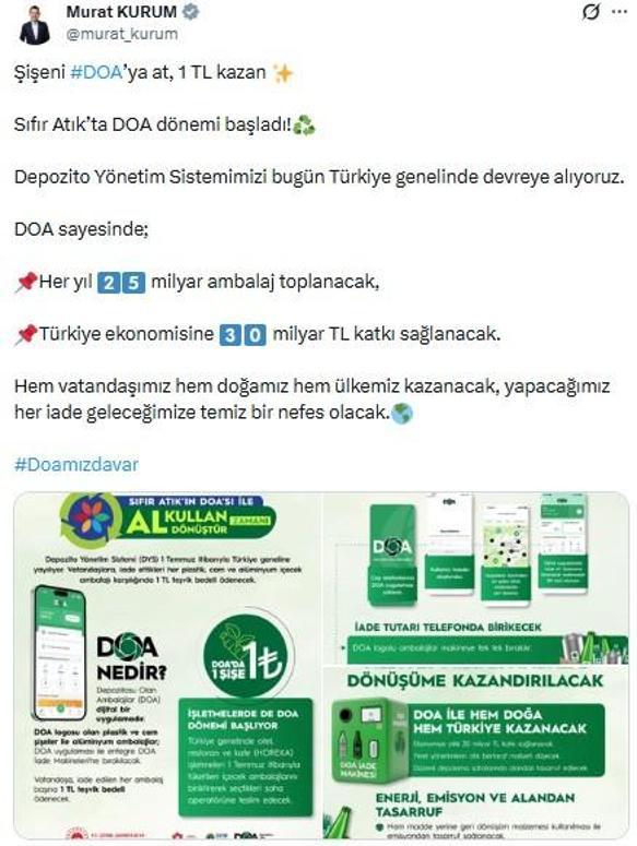 Bakan Kurum: Şişeni DOAya at, 1 TL kazan