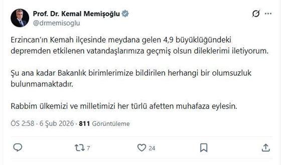 Erzincanda 4.9 büyüklüğünde deprem