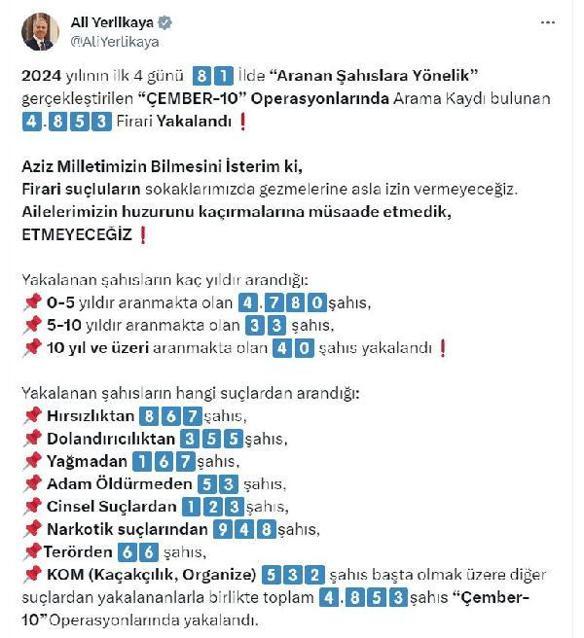 Bakan Yerlikaya: 4 bin 853 firari yakalandı