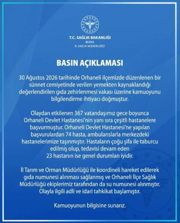 Bursa’da düğün yemeğinden zehirlenenlerin sayısı 367’ye yükseldi