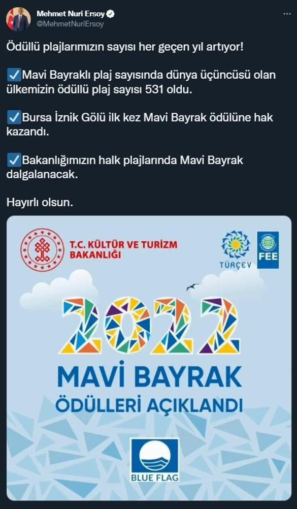 Bakan Ersoy: Ödüllü plaj sayısı 531e yükseldi