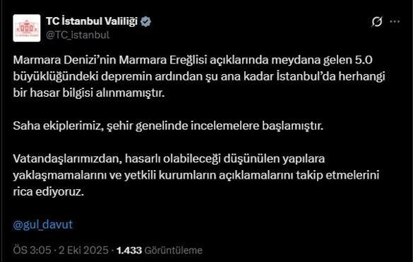 Marmaraereğlisi açıklarında 5 büyüklüğünde deprem