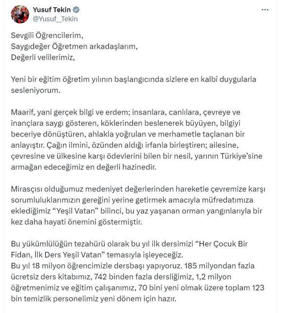 Bakan Tekinden yeni eğitim-öğretim yılı mesajı