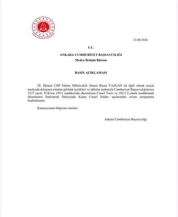 CHP Edirne Milletvekili Yazgan hakkında taciz iddiasıyla resen soruşturma başlatıldı