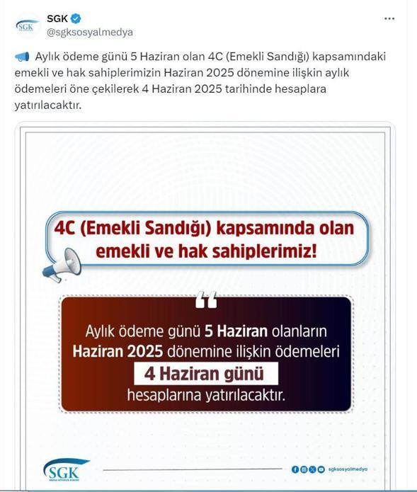 SGK: Emekli Sandığı aylık ödemeleri 4 Haziranda yapılacak