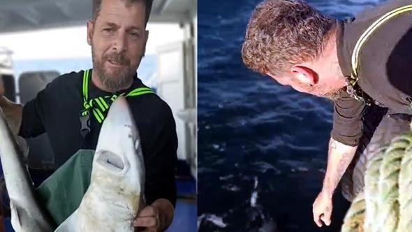 Balıkçı, ağına takılan camgöz köpek balığını yeniden suya bıraktı