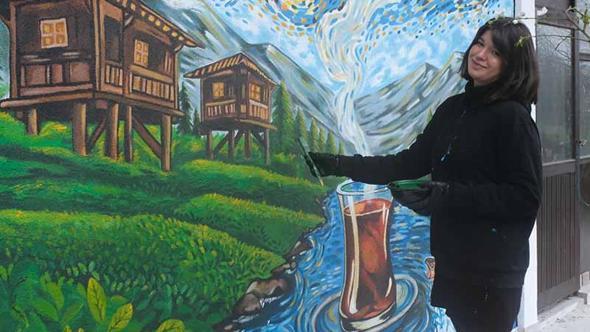 Rize’nin simgeleri Van Gogh tarzıyla duvara yansıdı