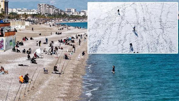 Antalya'da sahilde deniz, zirvede kayak keyfi