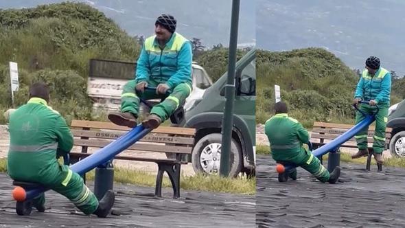 Temizlik görevlilerinin molada 'tahterevalli' eğlencesi