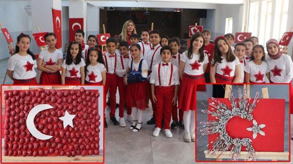 Ceviz kabuğu, fasulye, pet bardaklardan yaptıkları bayrakları sergilediler