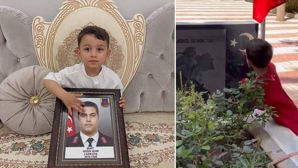 3 yaşındaki Sezer, adını aldığı şehit amcasının mezarını öpüp, suladı