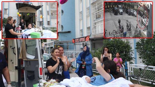Ecrin, mucize kurtuluşun yaşandığı bina önünde pasta kesilip, balonlarla karşılandı