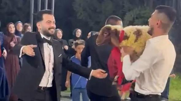 Düğünde damada kuzu hediye etti