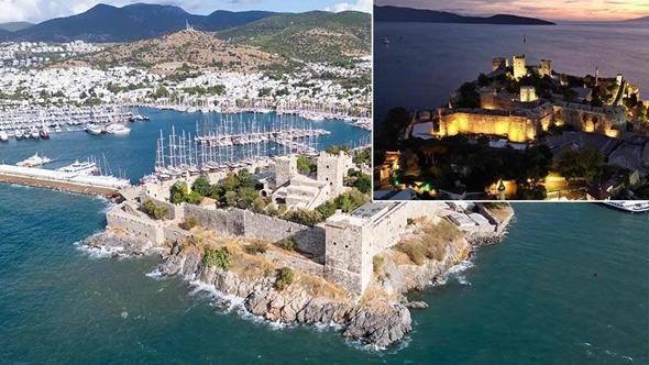 Gece ve gündüz farklı güzellikte olan Bodrum Kalesi, dronla görüntülendi