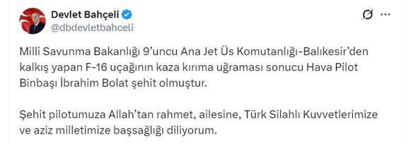 Bahçeliden şehit pilot için taziye mesajı