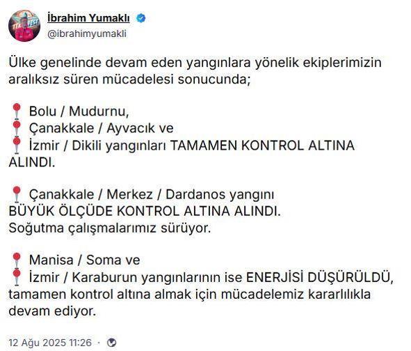 Bakan Yumaklı: 5 yangın kontrol altına alındı