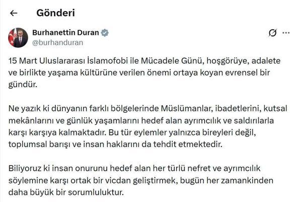 Burhanettin Duran’dan İslamofobi ile Mücadele Günü mesajı