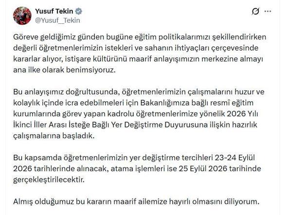 Bakan Tekin: Öğretmenlerimizin yer değiştirme tercihleri 23-24 Eylülde alınacak