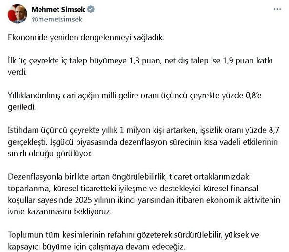 Bakan Şimşek: 2025in 2nci yarısından itibaren ekonomik aktivitenin ivme kazanmasını bekliyoruz