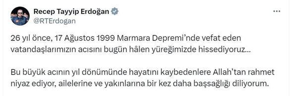 Cumhurbaşkanı Erdoğandan 17 Ağustos Depremi’nin yıl dönümüne ilişkin paylaşım