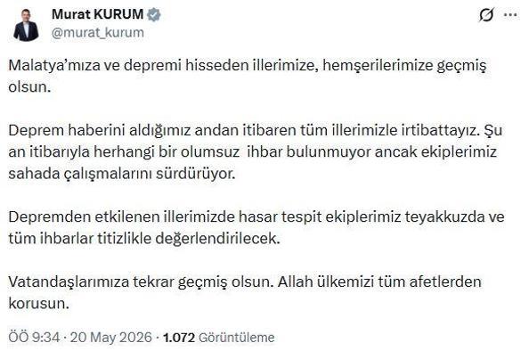 Malatyada 5.6 büyüklüğünde deprem