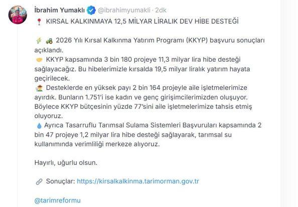 Kırsal kalkınmaya 12,5 milyar liralık hibe desteği