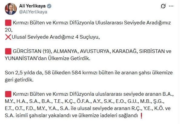 Kırmızı bülten, kırmızı difüzyon ve ulusal seviyede aranan 24 suçlu Türkiyeye getirildi