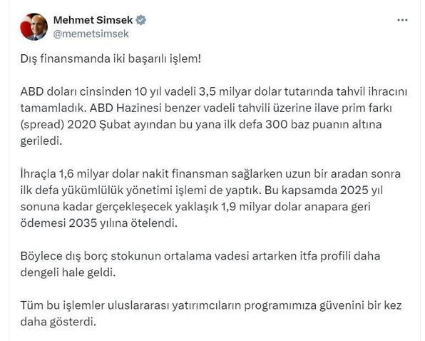 Bakan Şimşek: 3,5 milyar dolar tutarında tahvil ihracını tamamladık