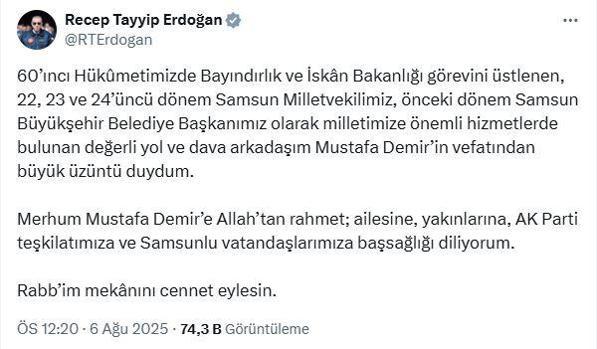 Cumhurbaşkanı Erdoğandan, eski bakan Demir için taziye mesajı