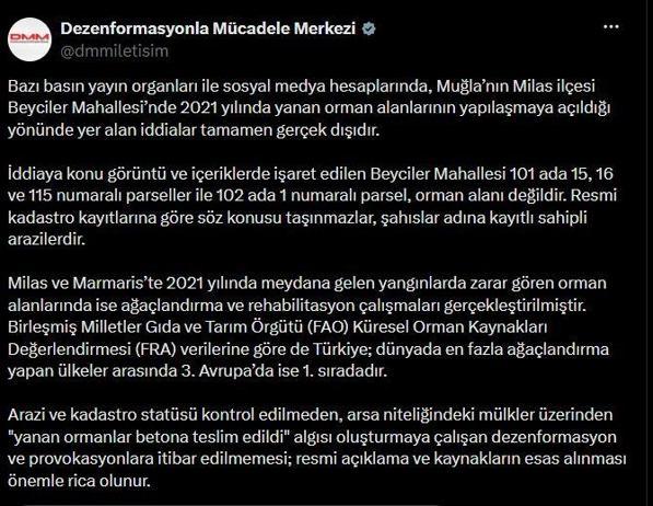 DMMden yanan ormanların yapılaşmaya açıldığı iddialarına ilişkin açıklama
