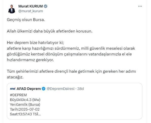 Bursa Gemlikte 4.3 büyüklüğünde deprem