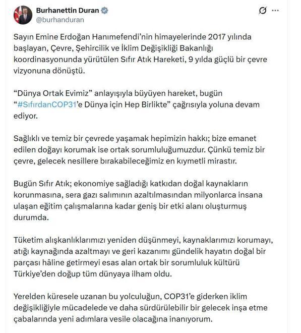 İletişim Başkanı Durandan Sıfır Atık paylaşımı