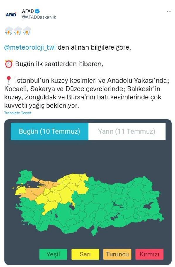 AFADdan İstanbul ve Ankaranın da bulunduğu 21 il için kuvvetli yağış uyarısı