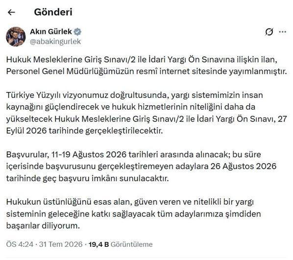 Hukuk Mesleklerine Giriş ve İdari Yargı Ön Sınavı 27 Eylülde yapılacak