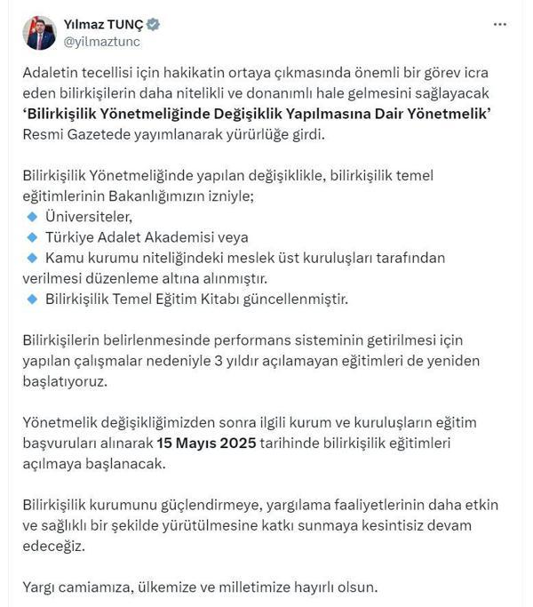 Bilirkişilik Yönetmeliğinde Değişiklik Yapılmasına Dair Yönetmelik, Resmi Gazetede yayımlandı