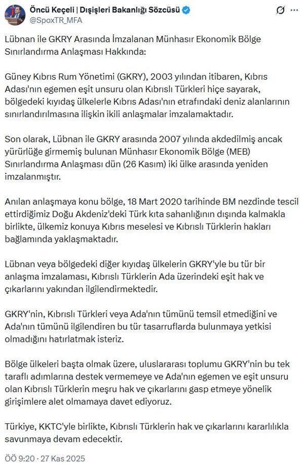 Dışişleri: GKRYnin, Adanın tümünü ilgilendiren tasarruflarda bulunma yetkisi yok
