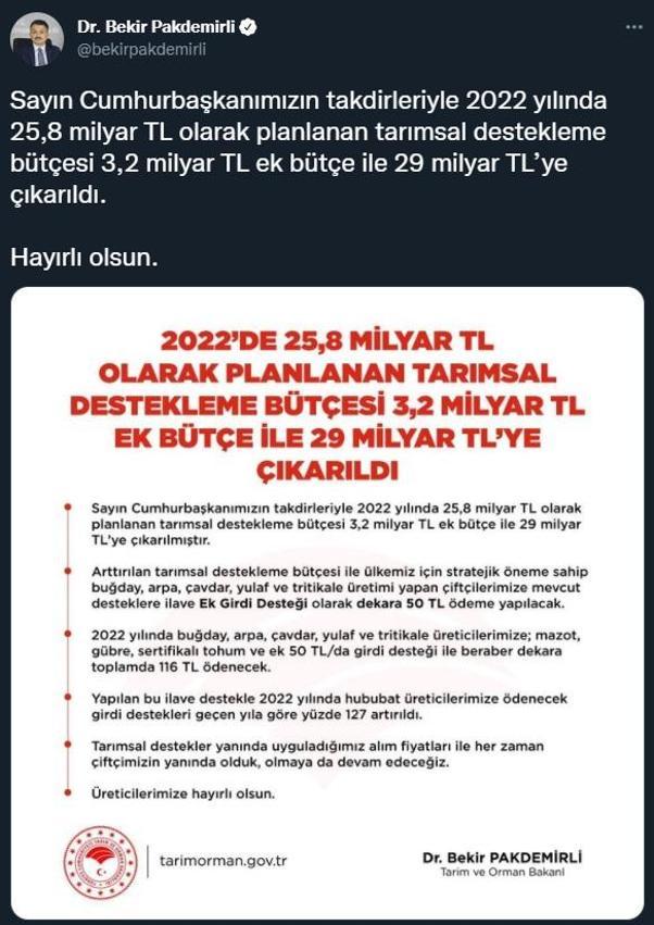 Bakan Pakdemirli: Tarımsal destekleme bütçesi 29 milyar TLye çıkarıldı