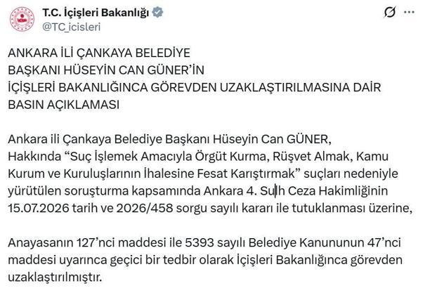 Çankaya Belediye Başkanı Güner, görevden uzaklaştırıldı