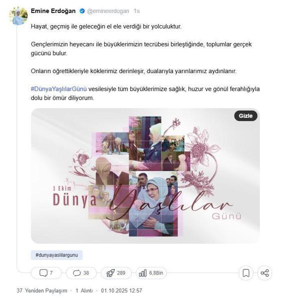 Emine Erdoğandan Dünya Yaşlılar Günü paylaşımı